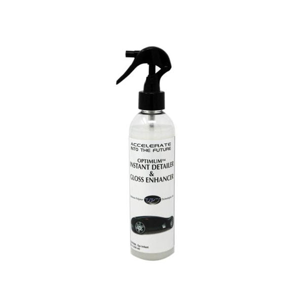 Optimum Instant Detailer & Gloss Enhancer in a clear spray bottle with a black trigger top and a label featuring "ACCELERATE INTO THE FUTURE" text and a black stylized car illustration