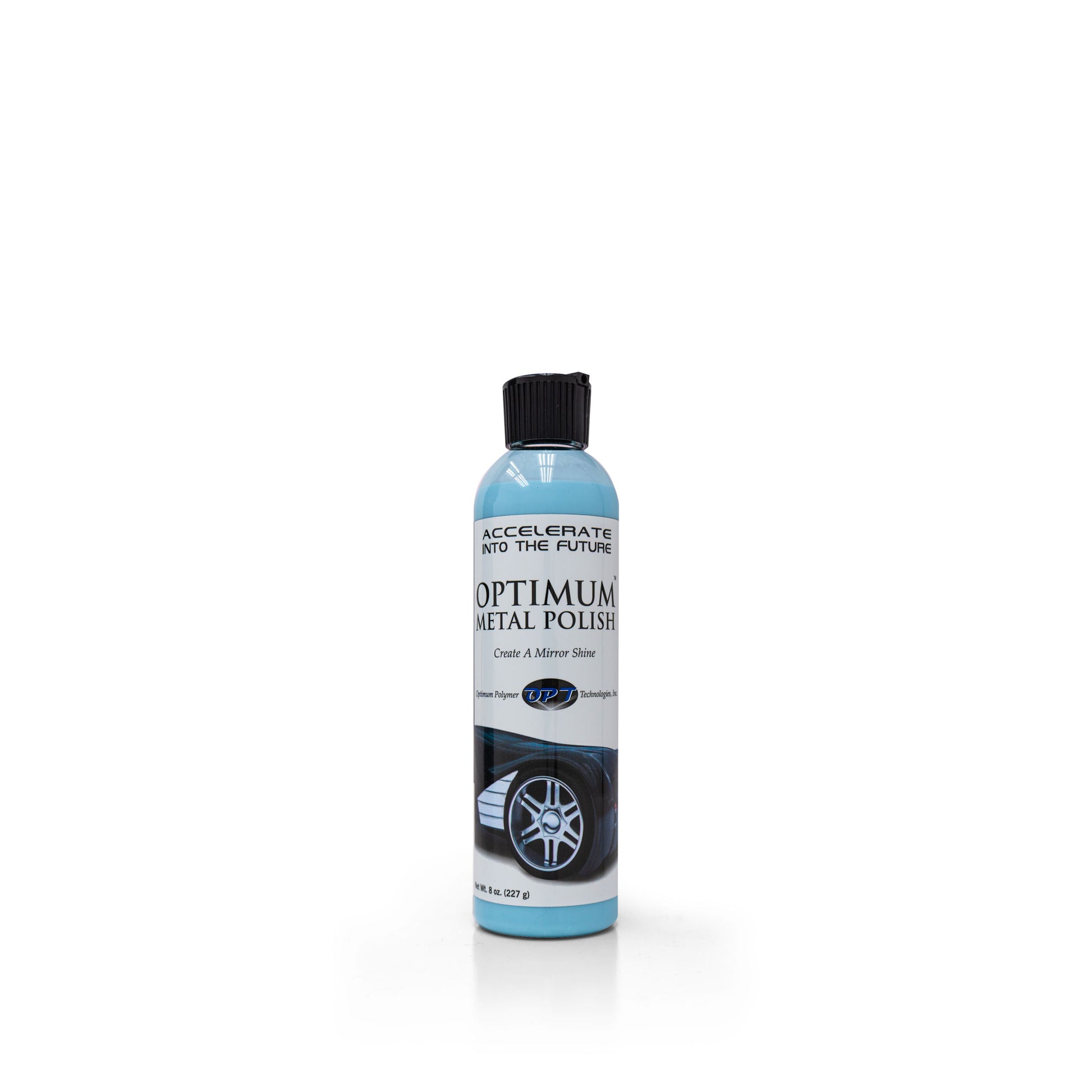Product photo of a light blue 8 oz bottle of Optimum Metal Polish with a black flip-top cap, its label featuring a shiny car wheel illustration and text reading Create A Mirror Shine
