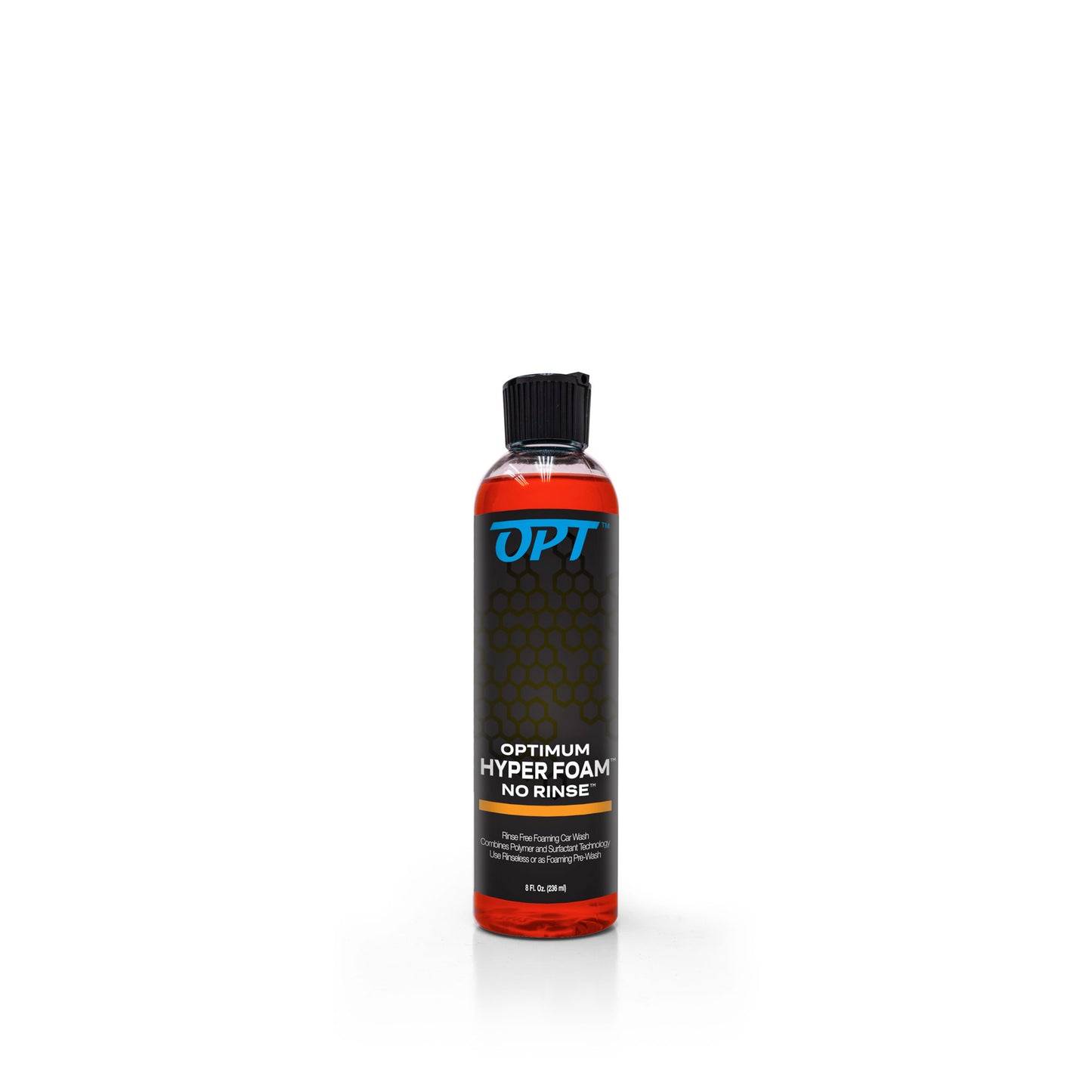 Product Photography of a clear bottle of Optimum Hyper Foam No Rinse car wash containing bright orange liquid, a black label with a blue OPT logo and subtle honeycomb pattern, topped with a black ribbed flip-top cap