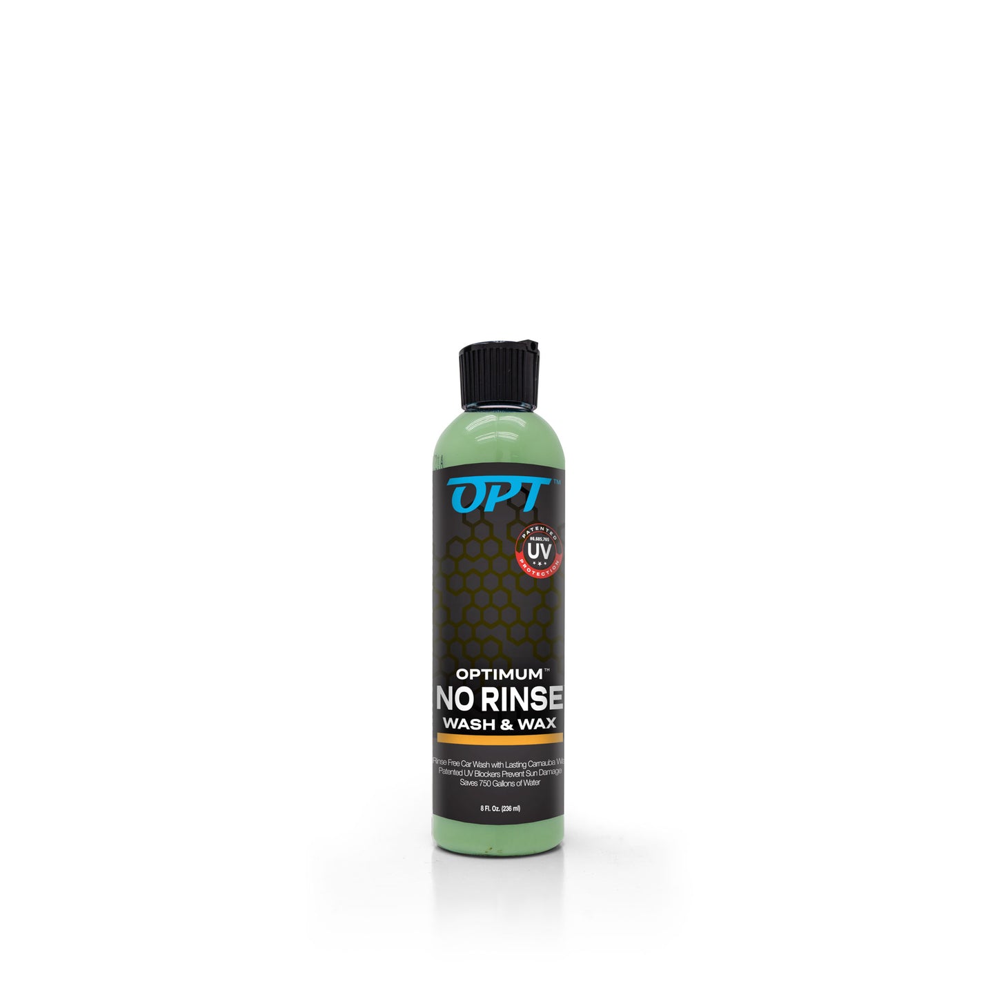 Product image of an Optimum No Rinse Wash & Wax 8 fl oz bottle standing on a white background displaying its green liquid black label blue OPT logo and orange UV Protection badge