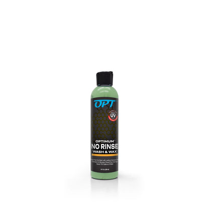 Product image of an Optimum No Rinse Wash & Wax 8 fl oz bottle standing on a white background displaying its green liquid black label blue OPT logo and orange UV Protection badge