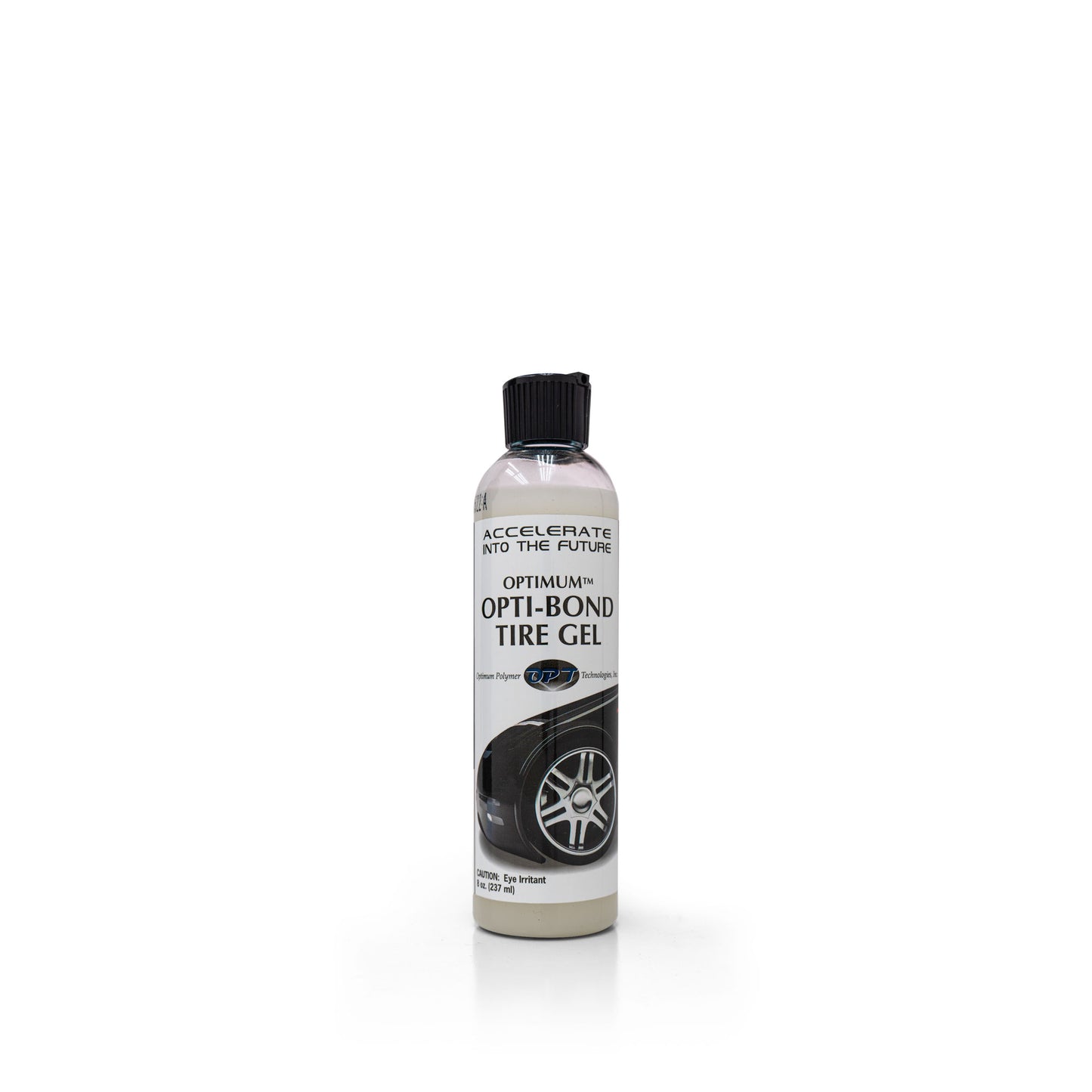 Product photo of an Optimum Opti-Bond Tire Gel bottle with a black flip-top cap, featuring a label with "ACCELERATE INTO THE FUTURE" and a graphic of a car tire with a chrome rim