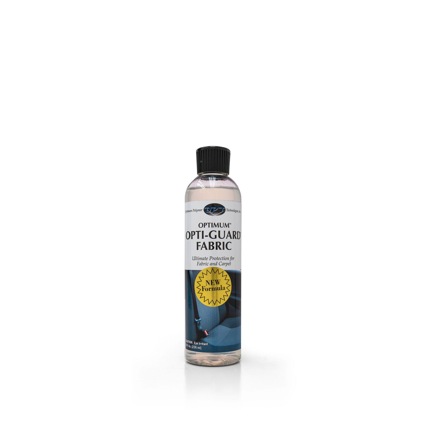 Product photograph of a clear plastic bottle of Optimum Opti-Guard Fabric protector on a white background with a black cap a white label displaying "OPTIMUM™ OPTI-GUARD FABRIC" a yellow "NEW Formula" sunburst graphic and an image of blue car seat fabric