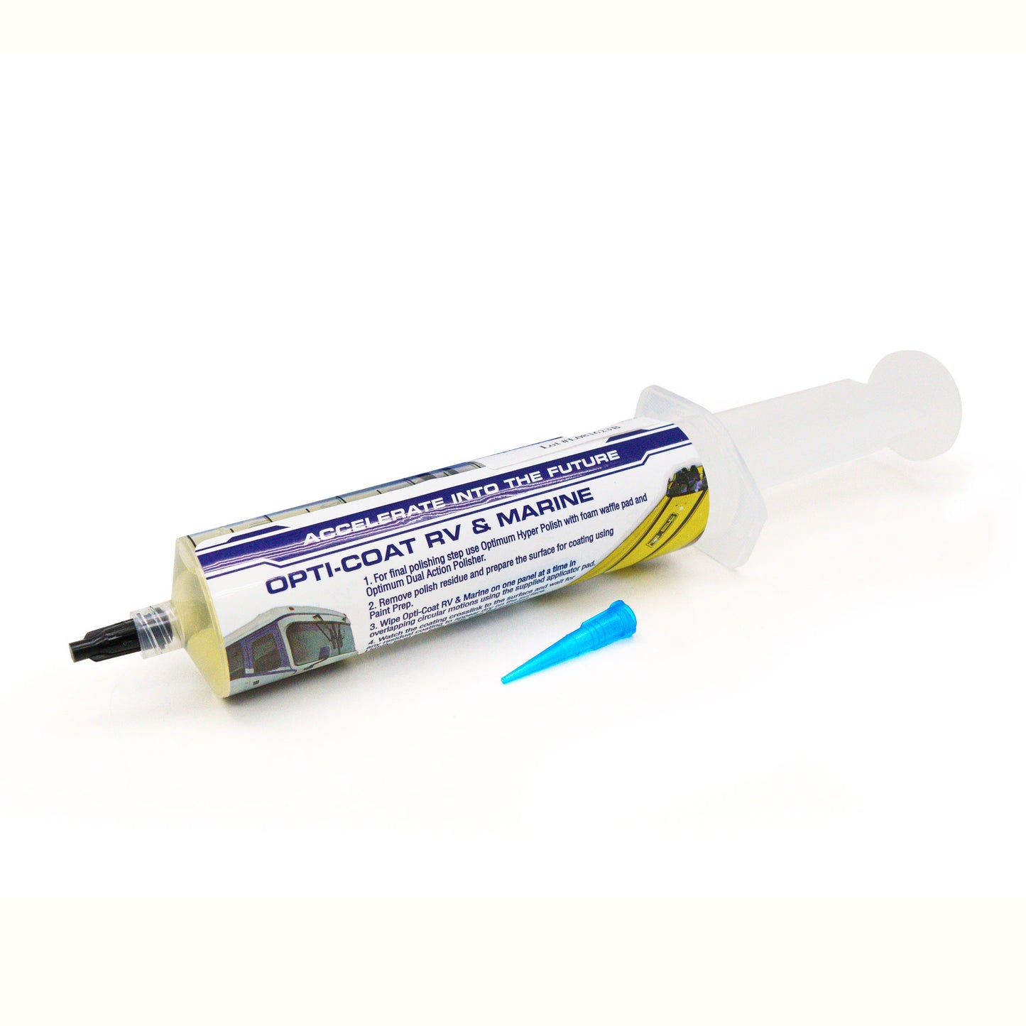 Product photography of Opti-Coat RV & Marine coating in a clear plastic syringe with a white plunger and a blue-yellow label featuring an RV graphic, presented with a small blue applicator tip on a white studio background