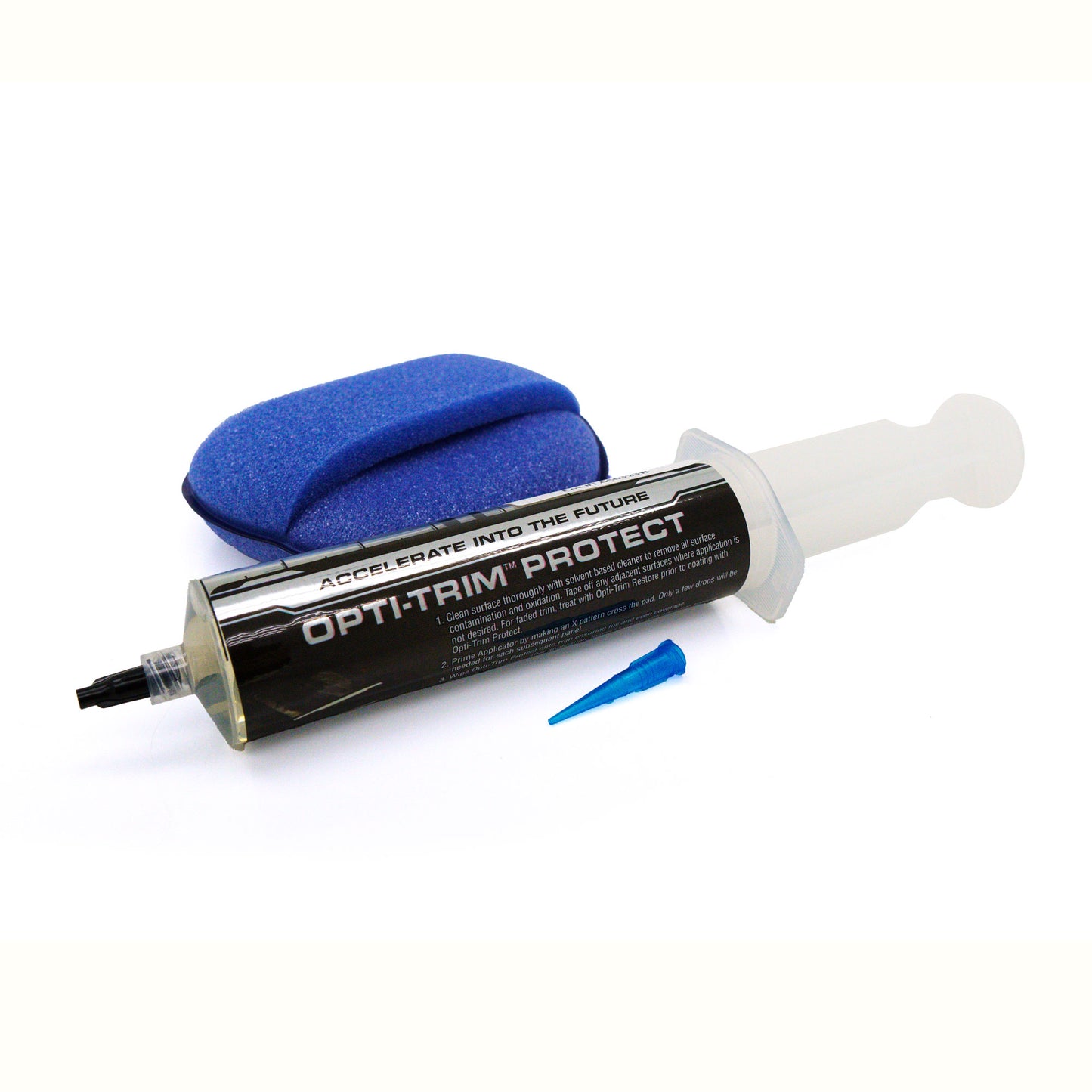 A car detailing product kit featuring a clear syringe labeled Opti-Trim Protect, a vibrant blue applicator pad, and a small blue nozzle, isolated on a clean white background