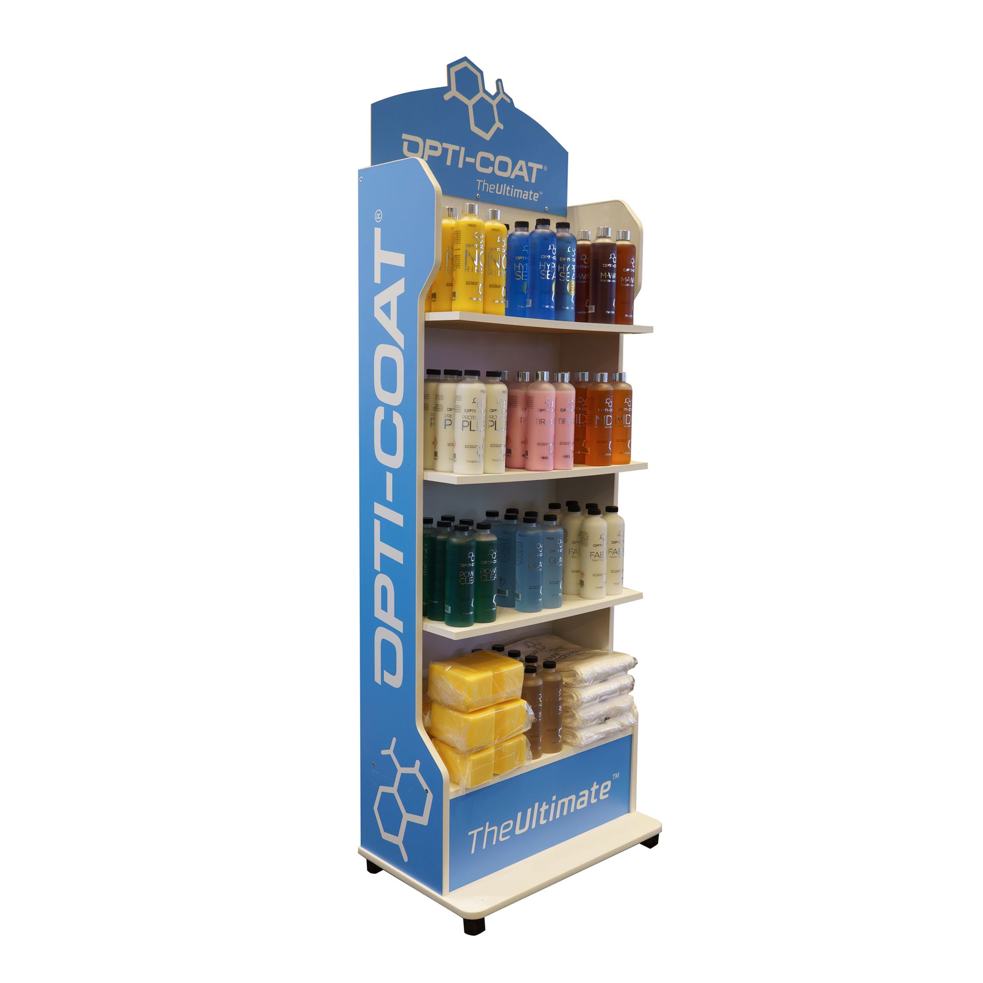 Blue and white Opti-Coat branded retail display stand with honeycomb logo and The Ultimate slogan, showcasing multiple shelves of colorful detailing product bottles including yellow, blue, pink, and green, along with yellow sponges and white microfiber towels
