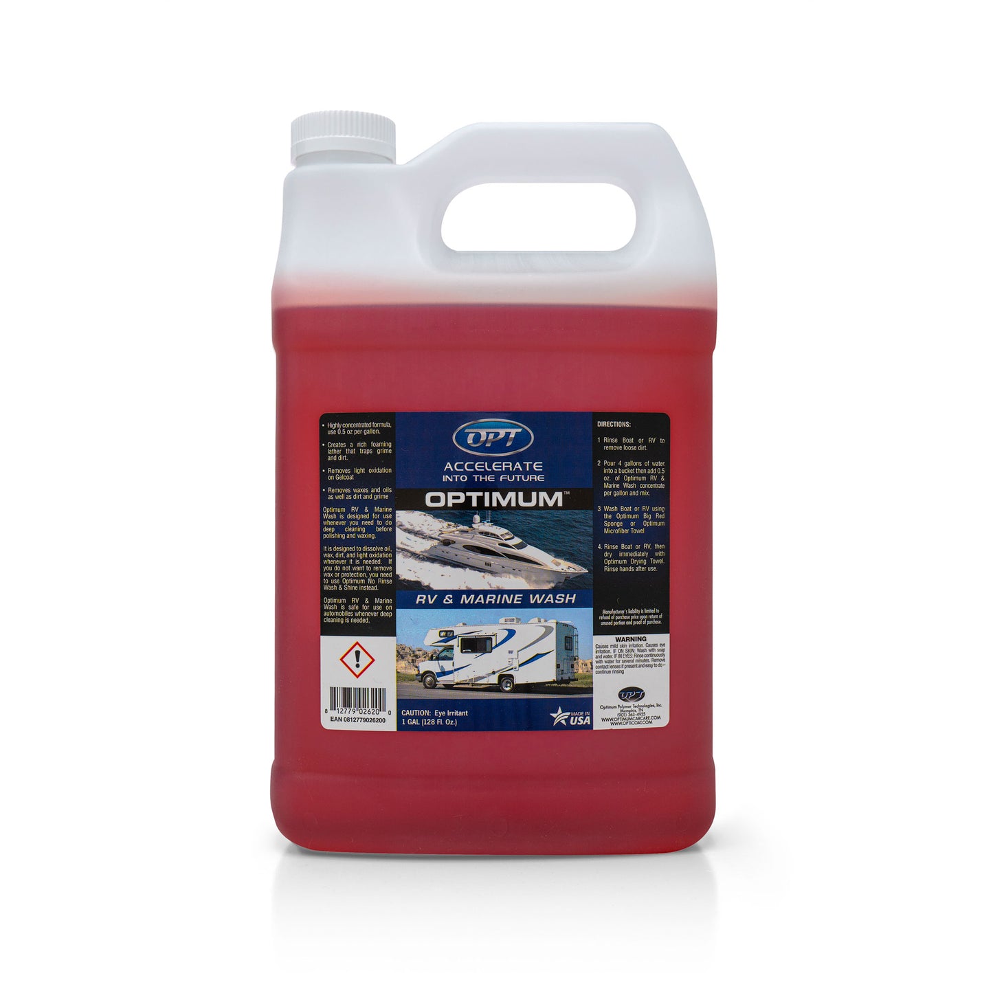 A white plastic gallon jug filled with bright red Optimum RV & Marine Wash, its prominent label showcasing a white yacht on blue water and a white RV on an asphalt road along with ACCELERATE INTO THE FUTURE and Made in USA text