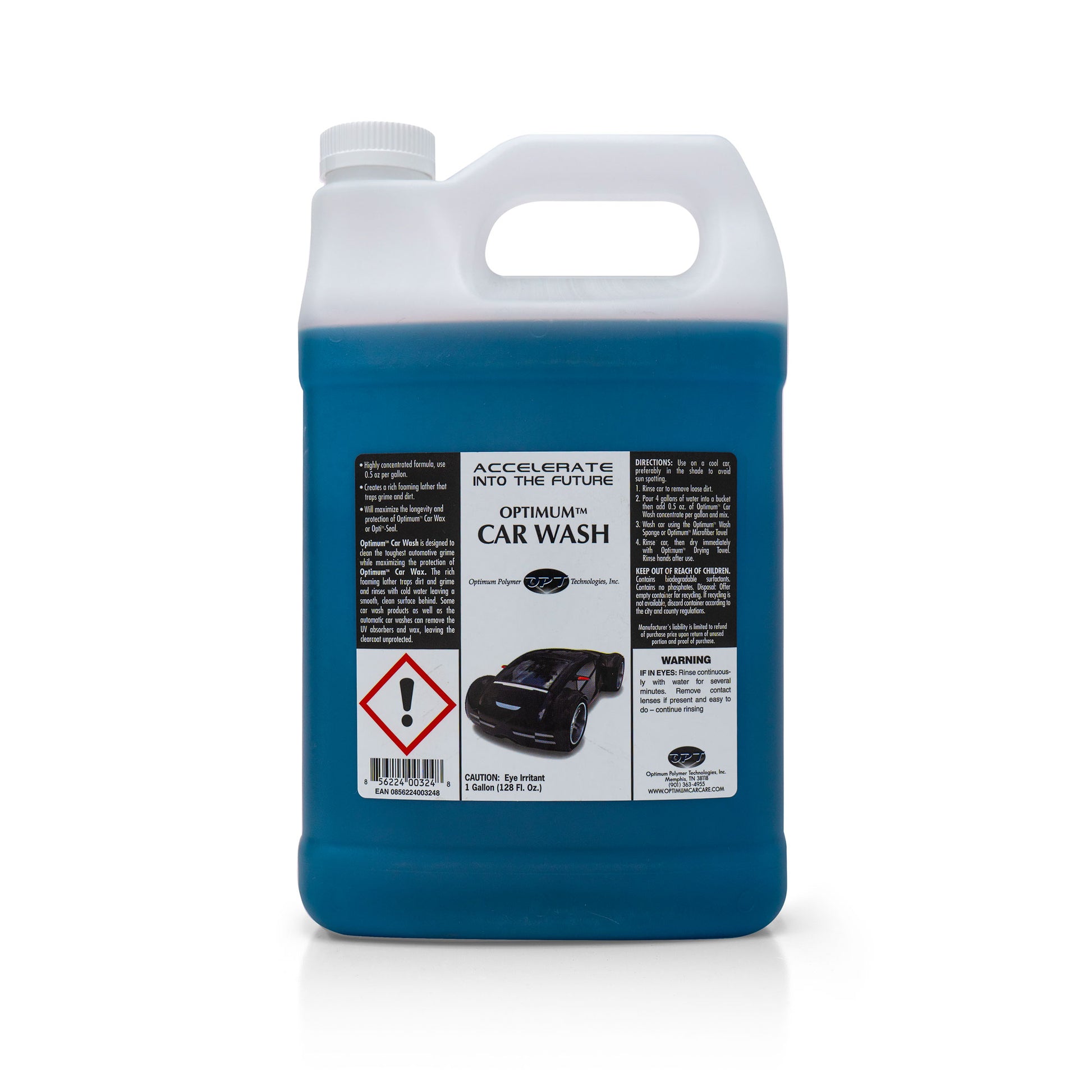 Product Photography of a one-gallon white plastic jug of Optimum Car Wash containing dark blue liquid, featuring a label with "ACCELERATE INTO THE FUTURE" text, a futuristic black sports car illustration, and a prominent red eye irritant warning symbol