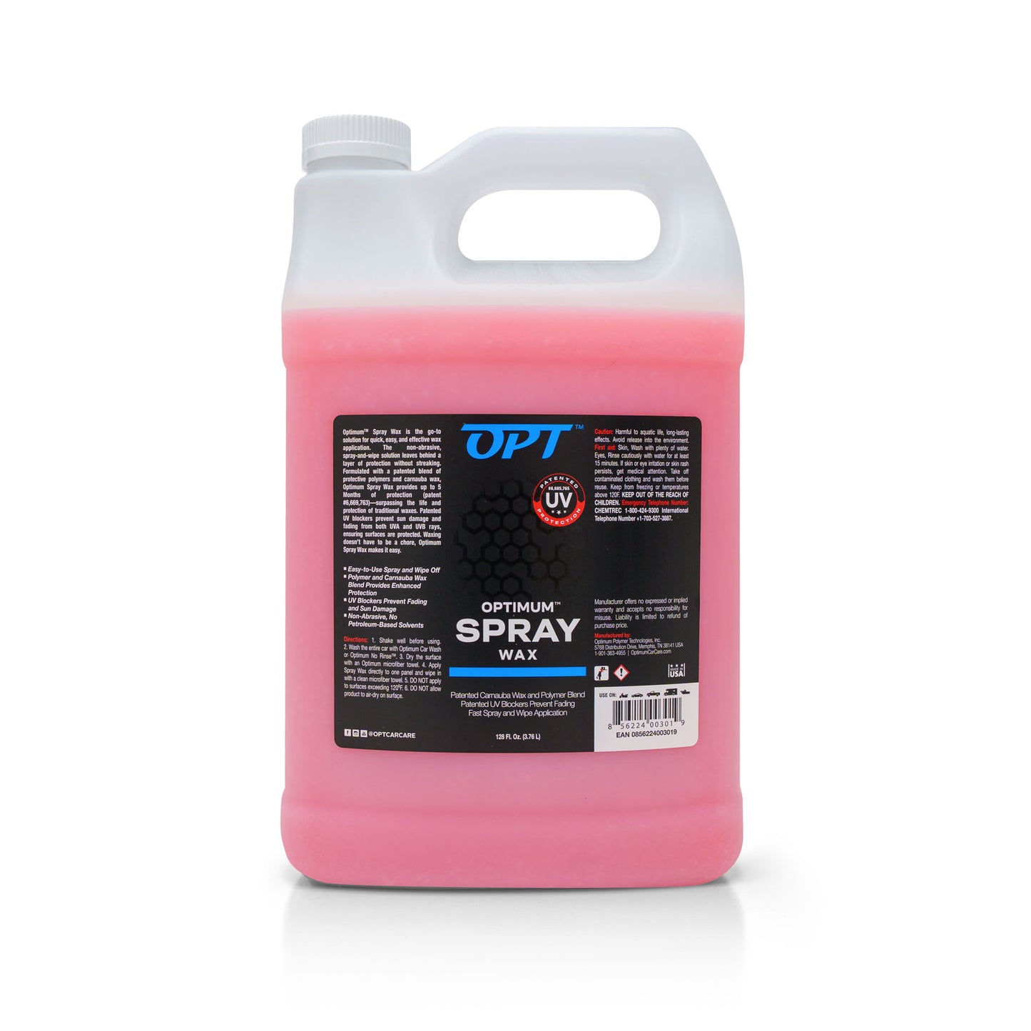 Optimum Spray Wax gallon jug containing bright pink liquid with a white handle and cap, featuring a blue label highlighting UV Protection and Patented Carnauba Wax and Polymer Blend