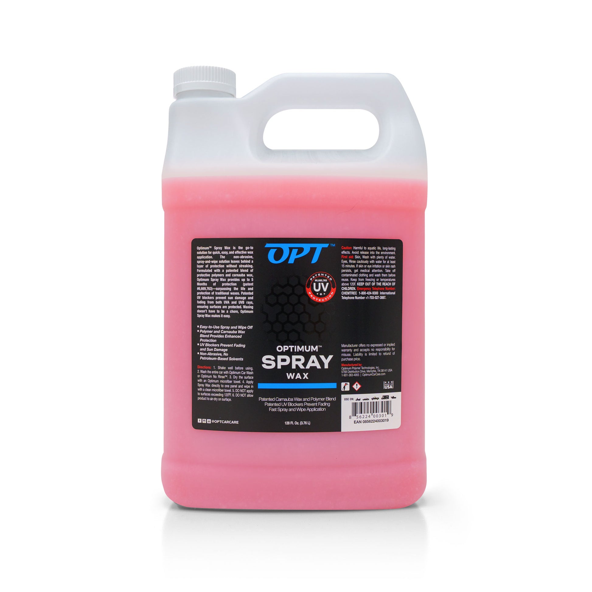 Optimum Spray Wax gallon jug containing bright pink liquid with a white handle and cap, featuring a blue label highlighting UV Protection and Patented Carnauba Wax and Polymer Blend