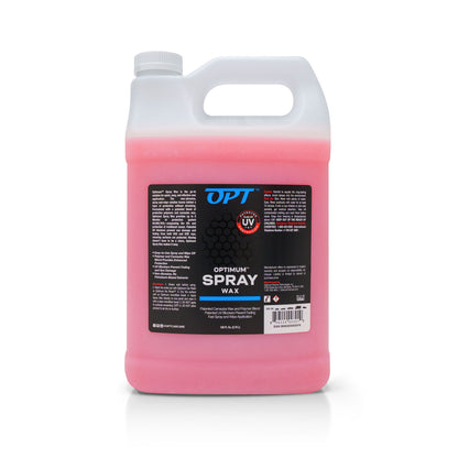 Optimum Spray Wax gallon jug containing bright pink liquid with a white handle and cap, featuring a blue label highlighting UV Protection and Patented Carnauba Wax and Polymer Blend