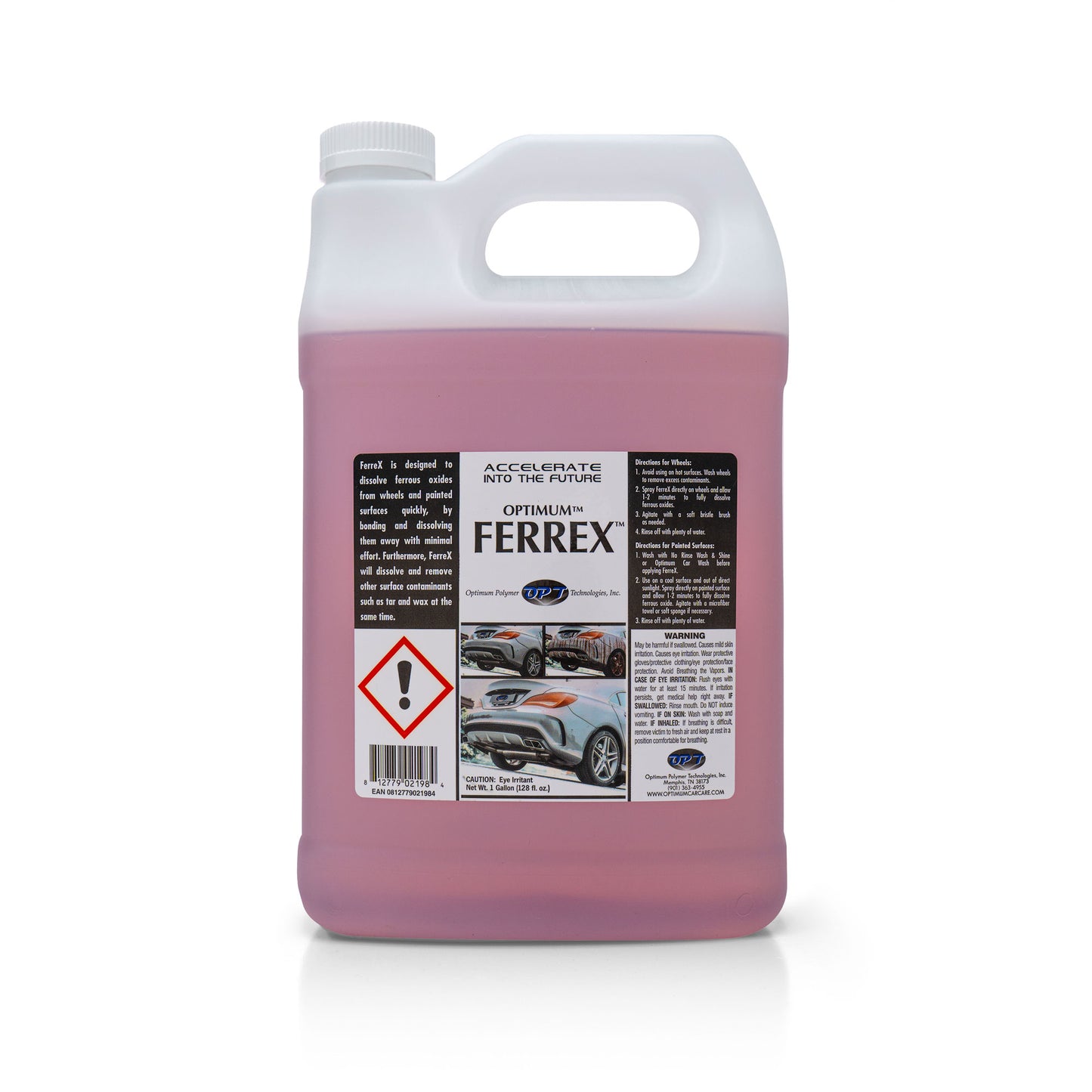 Product photography of a translucent white gallon jug of Optimum FerreX car detailing product containing bright pink liquid with a black and white label featuring usage instructions, images of a silver car's wheels and rear bumper, and a red hazard warning symbol
