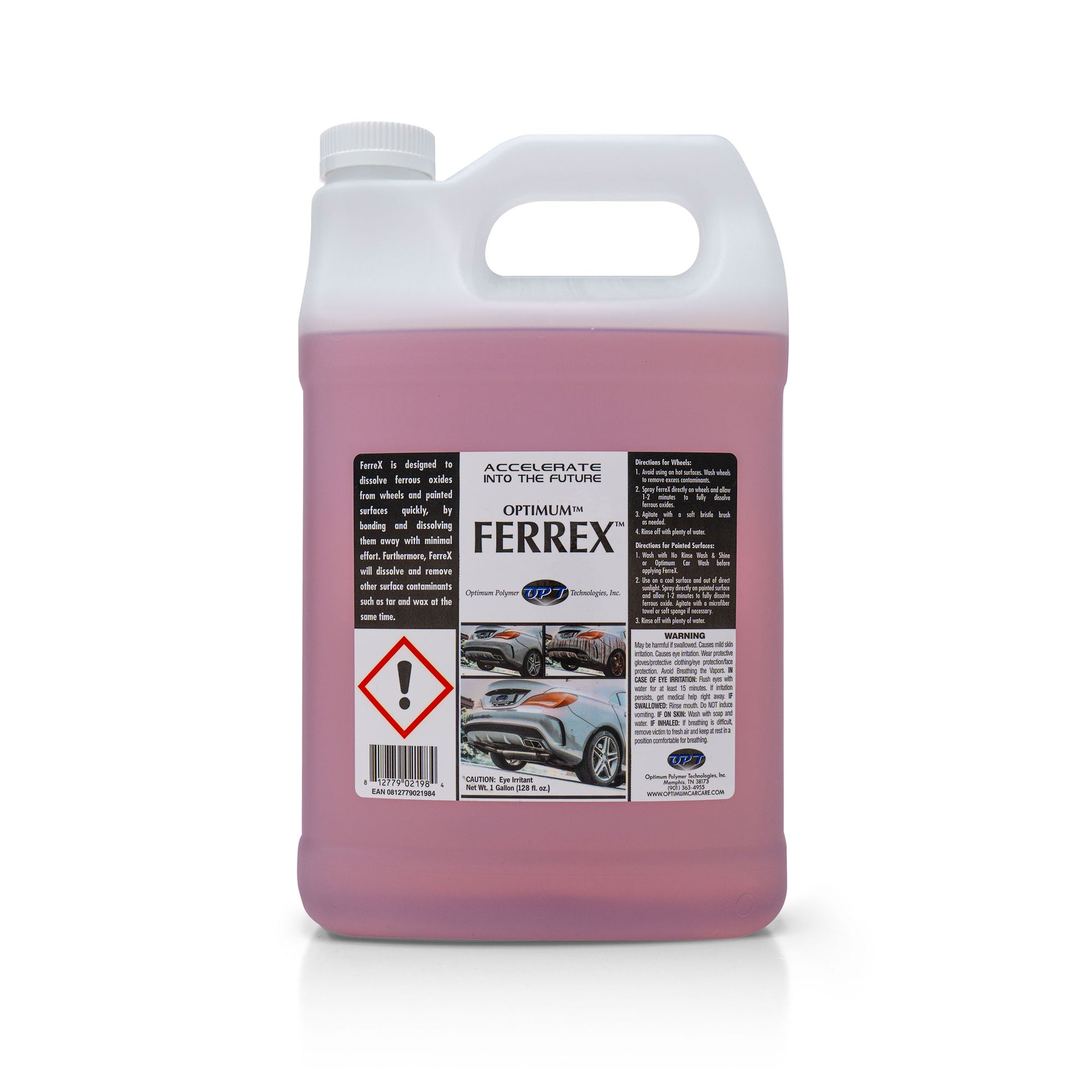 Product photography of a translucent white gallon jug of Optimum FerreX car detailing product containing bright pink liquid with a black and white label featuring usage instructions, images of a silver car's wheels and rear bumper, and a red hazard warning symbol