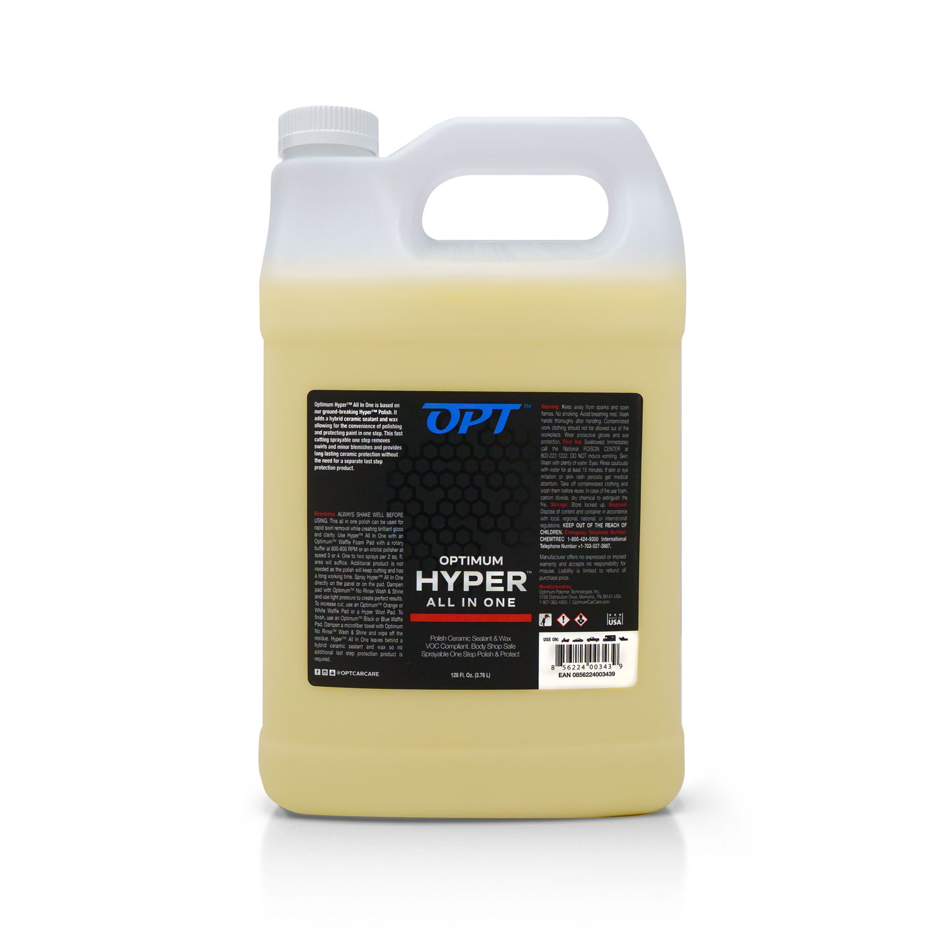 Product photography of a translucent white gallon jug of Optimum Hyper All In One car care product filled with yellow liquid, featuring a black and blue label detailing it as a Polish Ceramic Sealant & Wax in a 128 fl oz container with a white ribbed cap and integrated handle on a white background