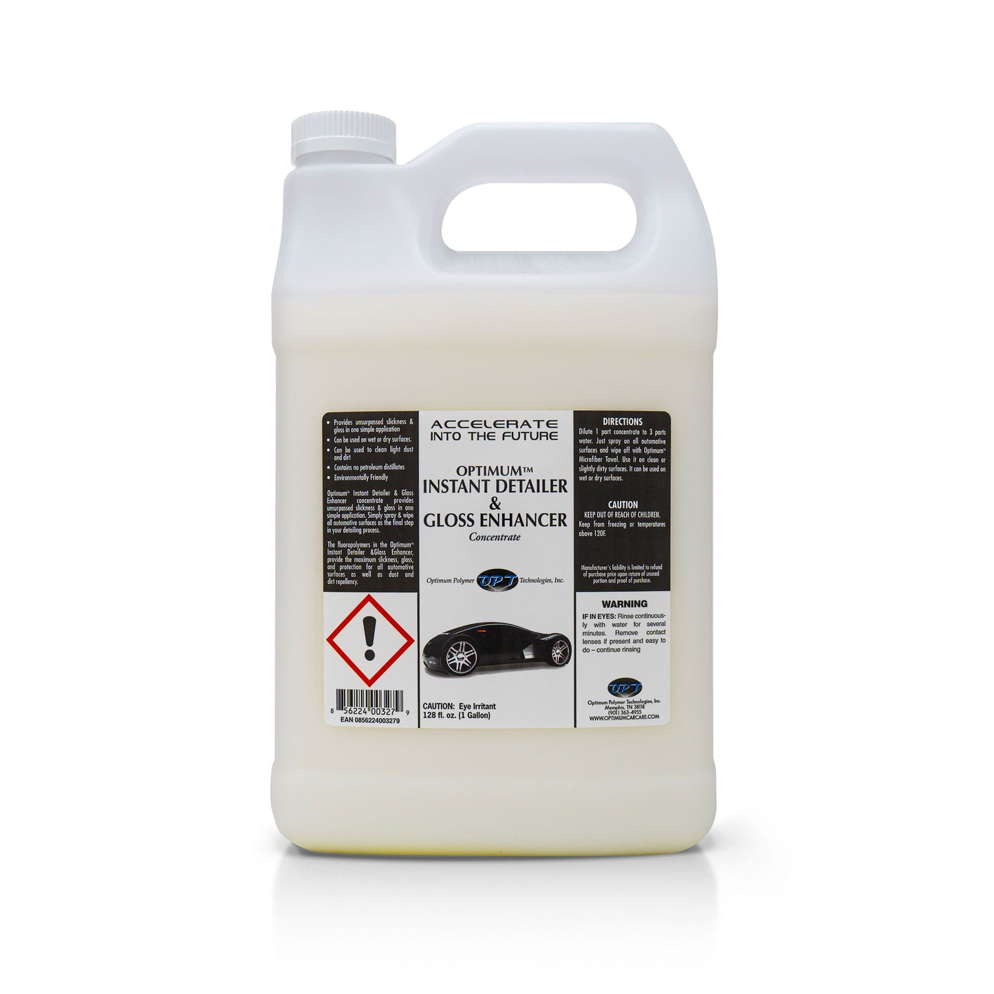 Optimum Polymer Technologies white plastic one-gallon jug of Instant Detailer & Gloss Enhancer Concentrate featuring a label with a glossy black sports car graphic, a red warning symbol, and the text ACCELERATE INTO THE FUTURE