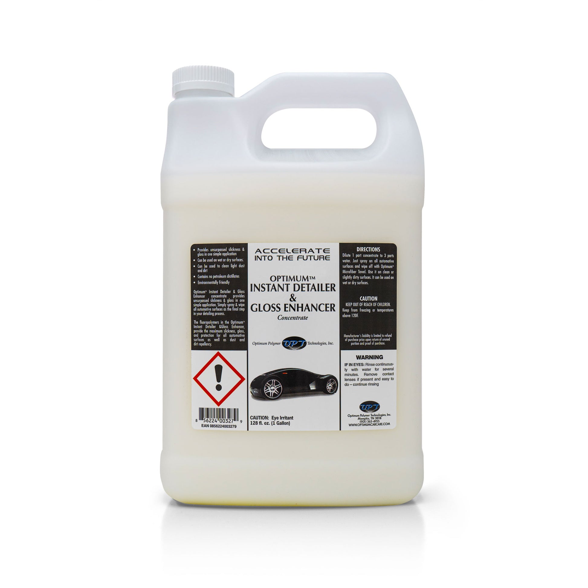 Optimum Polymer Technologies white plastic one-gallon jug of Instant Detailer & Gloss Enhancer Concentrate featuring a label with a glossy black sports car graphic, a red warning symbol, and the text ACCELERATE INTO THE FUTURE