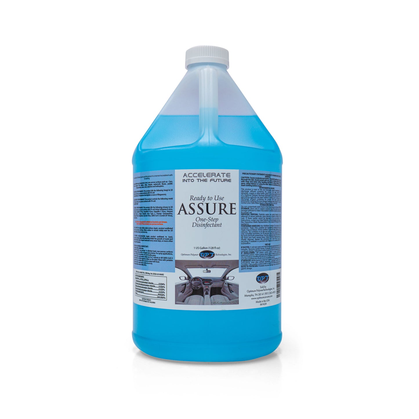 Product photo of a clear plastic gallon jug filled with bright blue Assure One-Step Disinfectant, featuring a white screw cap, an integrated handle, and a label displaying "ACCELERATE INTO THE FUTURE" and a small image of a car interior