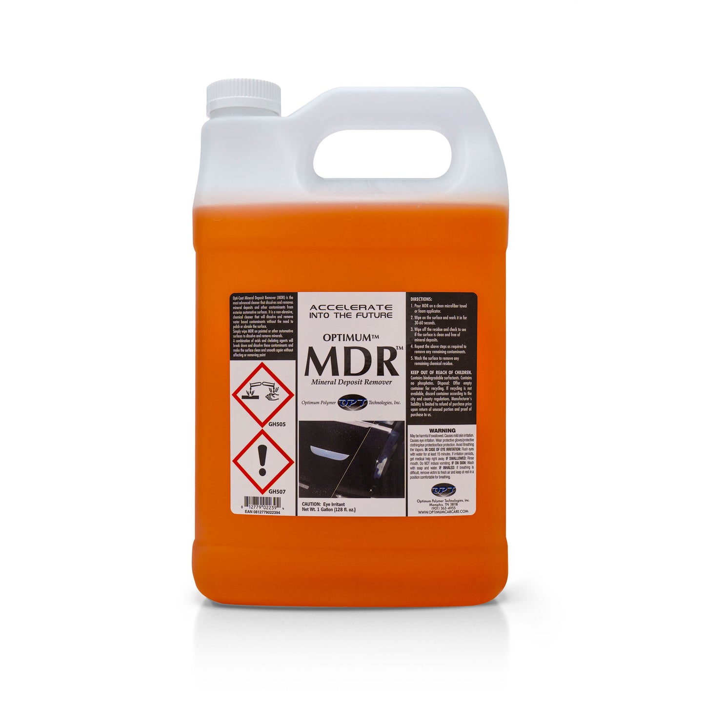 Product photo of a white gallon jug of Optimum MDR Mineral Deposit Remover on a white studio background, filled with bright orange liquid, featuring a white cap, integrated handle, and a prominent black and white label displaying hazard symbols and a car door detail