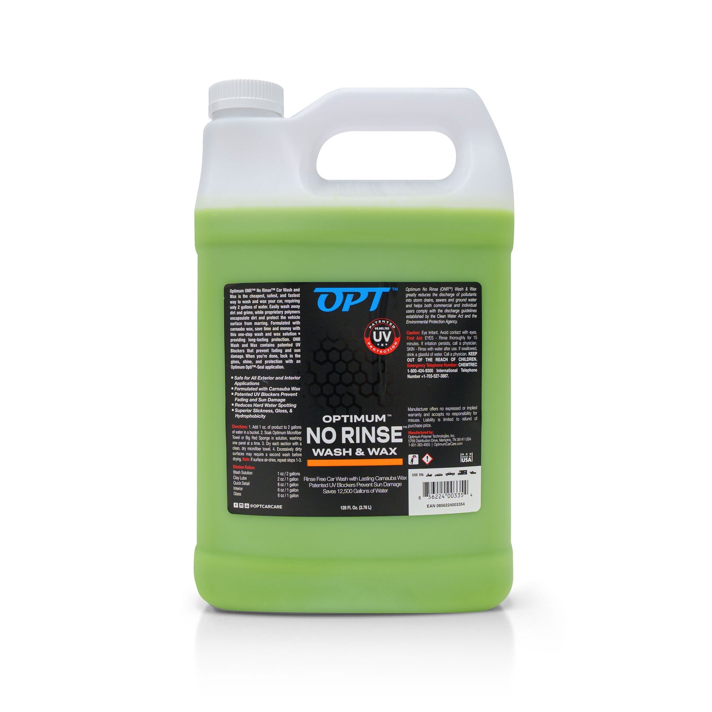 Product photo of Optimum No Rinse Wash & Wax car cleaning solution in a white plastic one-gallon jug filled with bright green liquid, featuring a black label with white OPT logo, a "UV Protection" shield, and "Made in USA" seal