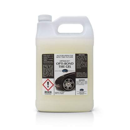 Product photography of a white plastic one-gallon jug of Optimum Opti-Bond Tire Gel on a clean white background, displaying a label with a car tire graphic, a red diamond warning symbol, and a translucent yellow liquid visible inside