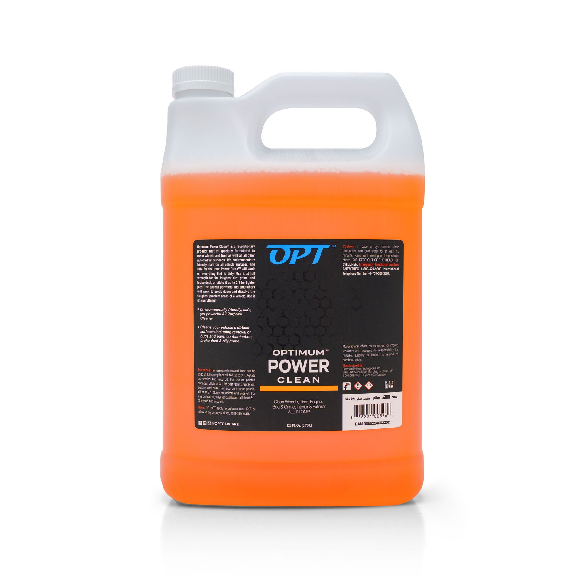 Product photography of a white plastic gallon bottle of Optimum Power Clean all-purpose car detailing solution featuring vibrant orange liquid, a black label with the OPT logo, and a white ribbed cap on a plain background