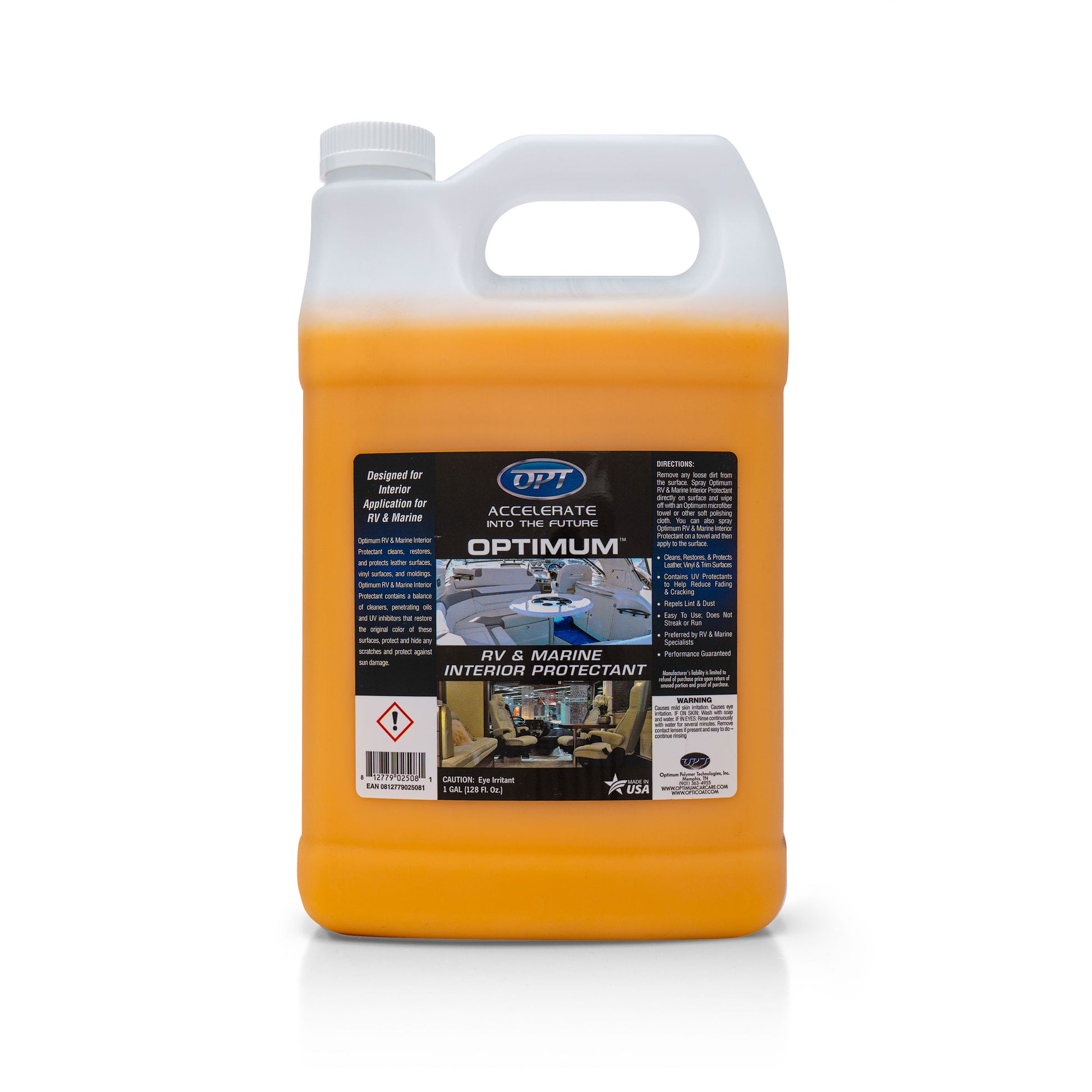 Product image of Optimum RV & Marine Interior Protectant, a one-gallon white plastic jug with a handle containing bright orange liquid, its black label displaying images of a luxurious boat cabin and a modern RV living space, alongside a blue Optimum logo