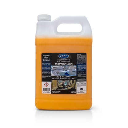Product image of Optimum RV & Marine Interior Protectant, a one-gallon white plastic jug with a handle containing bright orange liquid, its black label displaying images of a luxurious boat cabin and a modern RV living space, alongside a blue Optimum logo