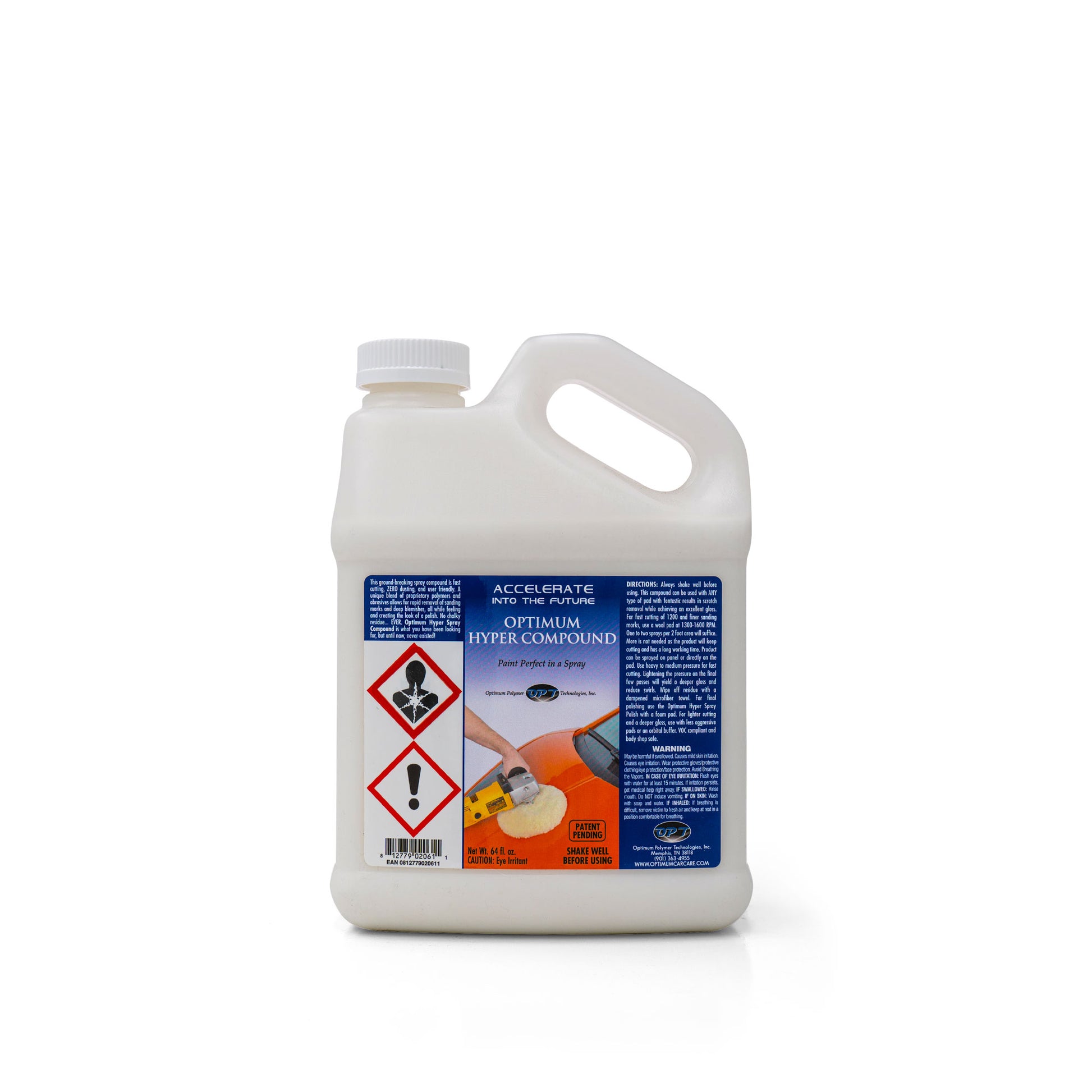 A white plastic gallon jug of Optimum Hyper Compound car detailing product, featuring a label with 'Paint Perfect in a Spray', two red diamond warning pictograms, and a graphic of a hand polishing an orange car