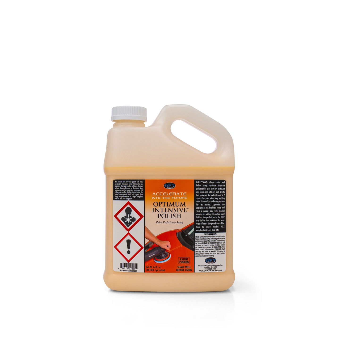 A gallon-sized beige bottle of Optimum Intensive Polish car care product features an orange and black label depicting a hand polishing a red car along with hazard symbols for eye irritant on a stark white background