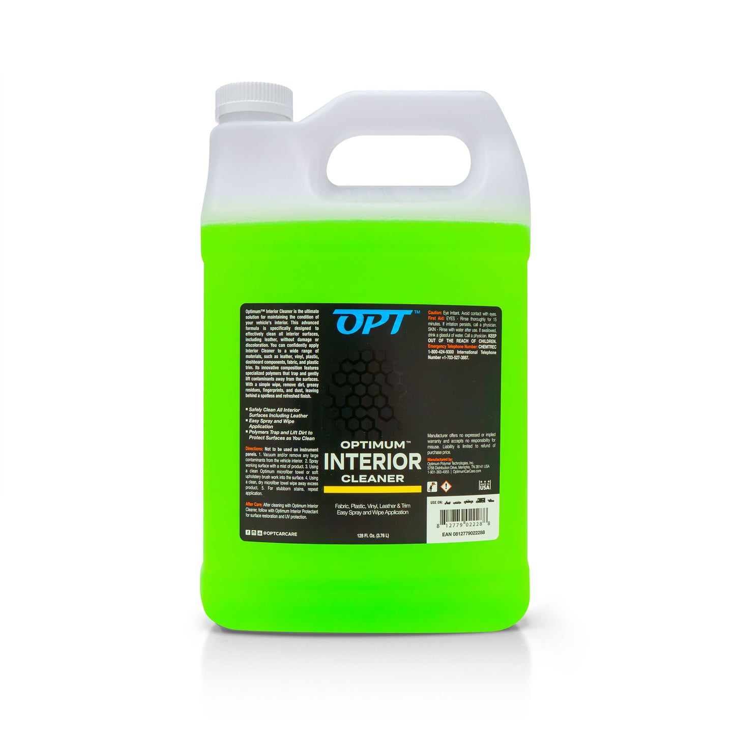 Optimum product photography featuring a translucent white gallon jug of vibrant neon green Optimum Interior Cleaner with a prominent black label listing its use for Fabric Plastic Vinyl Leather & Trim displayed against a clean white background