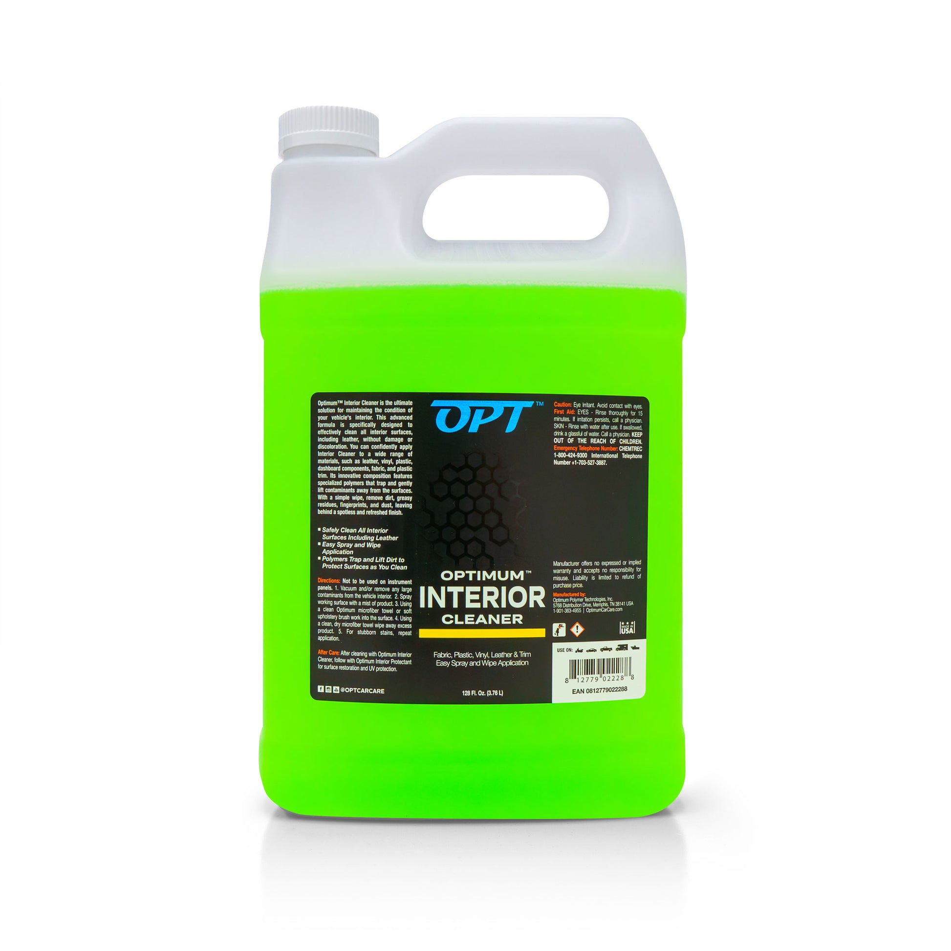 Optimum product photography featuring a translucent white gallon jug of vibrant neon green Optimum Interior Cleaner with a prominent black label listing its use for Fabric Plastic Vinyl Leather & Trim displayed against a clean white background