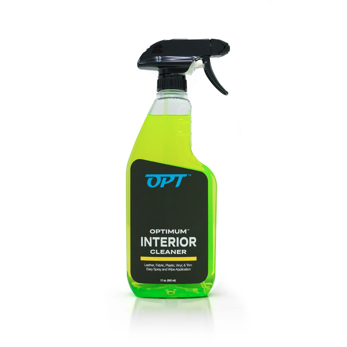 Optimum Interior Cleaner spray bottle containing vibrant fluorescent green liquid, a black spray nozzle, and its black label with blue OPT logo and white INTERIOR CLEANER text, specifying 17 oz (500 ml) for cleaning leather, fabric, plastic, vinyl, and trim on a white background