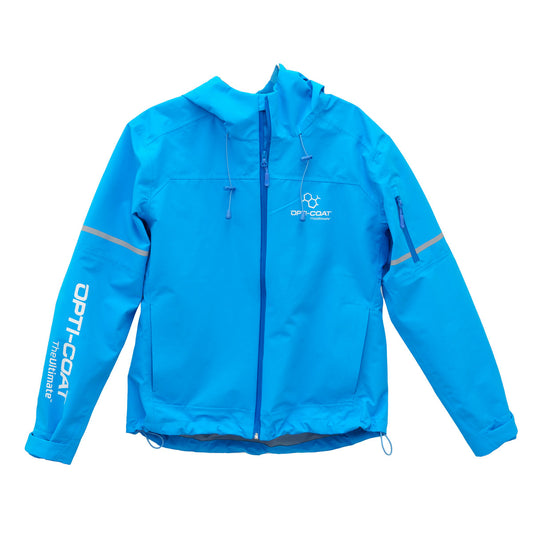 A vibrant cerulean blue OPTi-COAT hooded jacket featuring a molecular logo on the chest, a vertical brand name and a reflective stripe on the left sleeve, and a zippered arm pocket