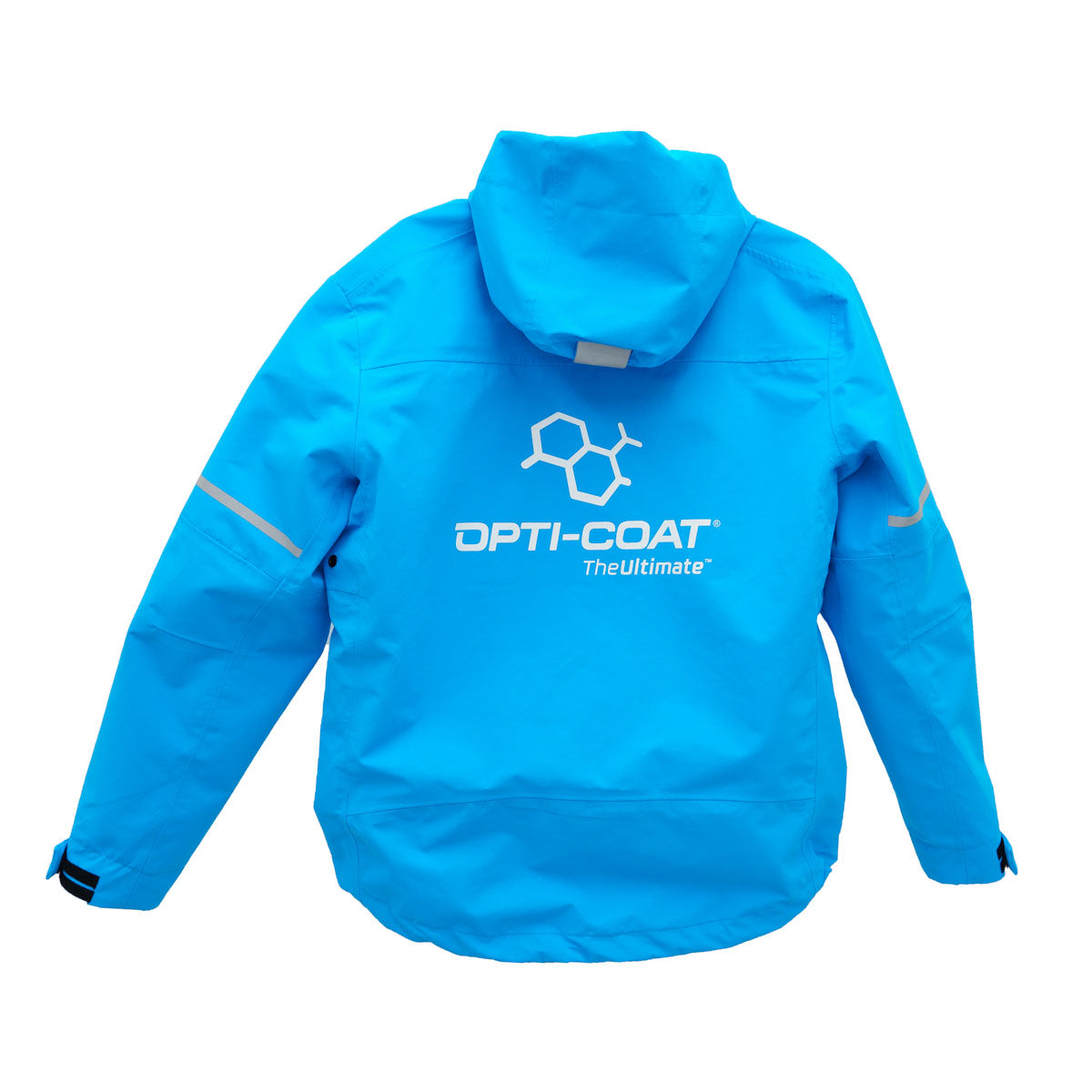 Bright cyan blue OPTI-COAT jacket displayed from the back featuring a white molecular structure logo and grey reflective strips on the sleeves and hood