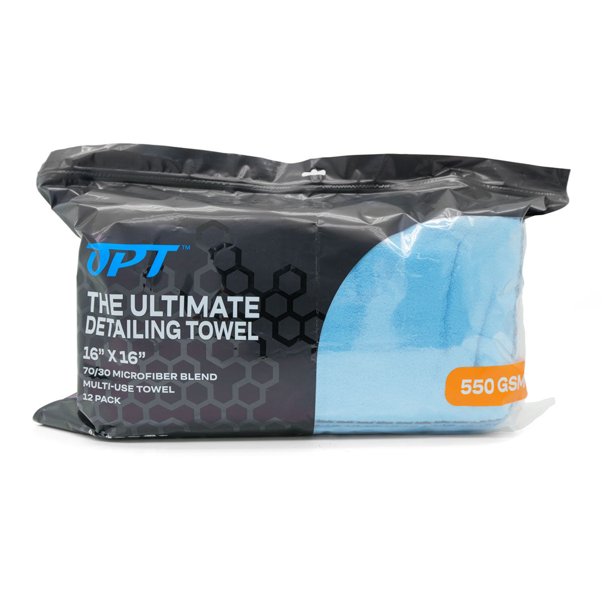 OPT The Ultimate Detailing Towel 12-pack in black plastic packaging showcasing bright blue 16x16 inch 70/30 microfiber towels and an orange 550 GSM label