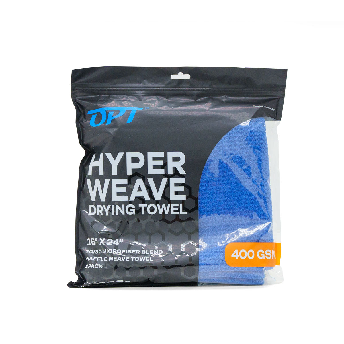 OPT Hyper Weave Drying Towel 3-pack sealed in a black bag with prominent white text, showcasing bright blue 16x24 inch 400 GSM 70/30 microfiber waffle weave towels through a clear window