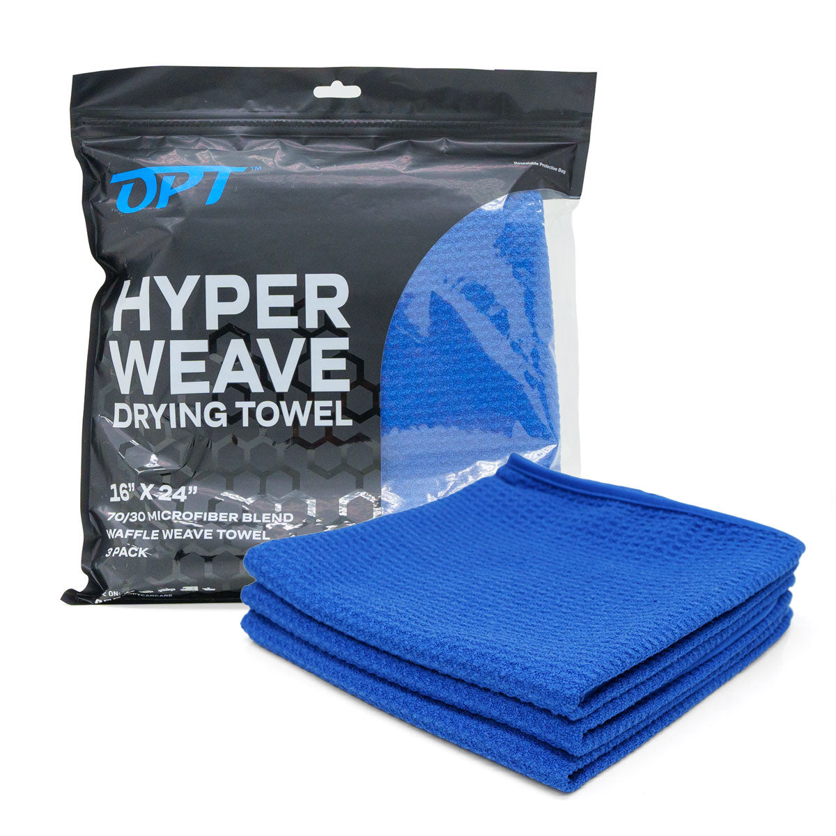 OPT Hyper Weave Drying Towel three-pack featuring bright blue 70/30 microfiber waffle weave towels with branded black packaging against a white background