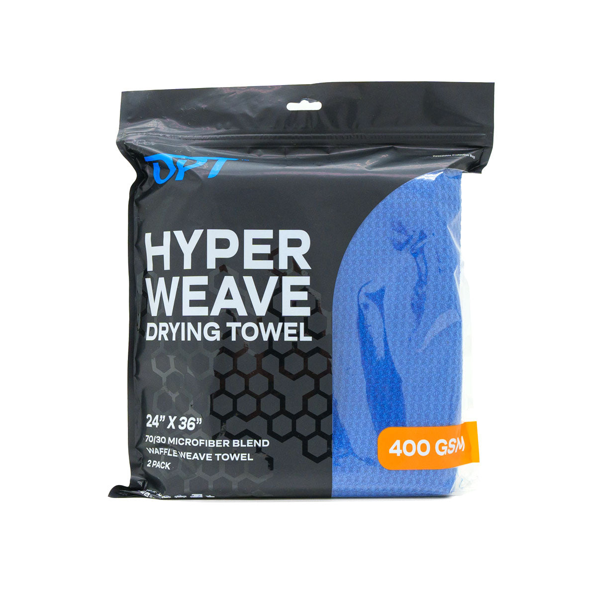 Product image of DPT Hyper Weave Drying Towel in black and clear packaging featuring a vibrant blue waffle-weave towel an orange 400 GSM label and white text for 24 X 36 inches 2 pack 70/30 microfiber blend on a white background