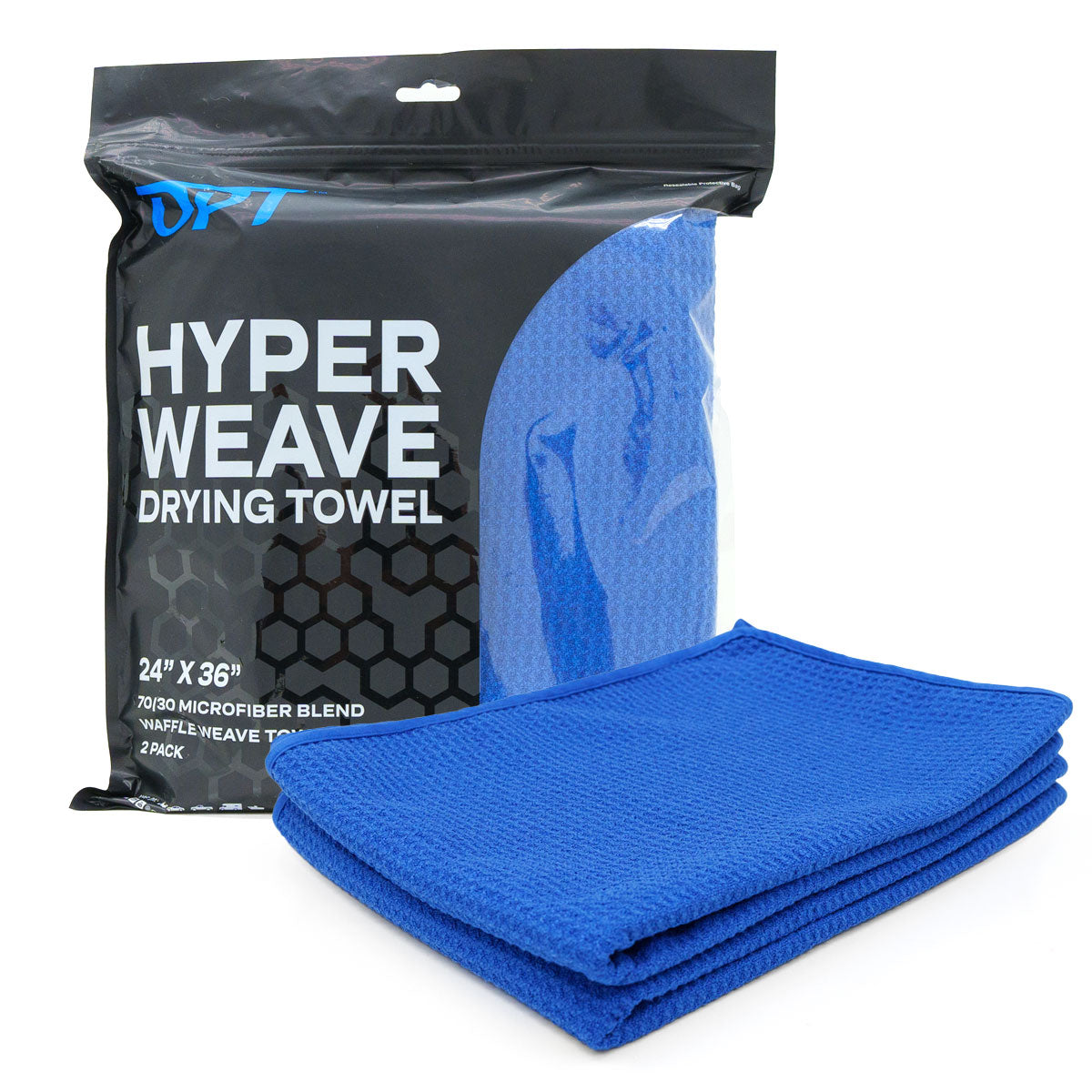 OPT Hyper Weave Drying Towel on a white studio background showing one folded vibrant royal blue waffle weave microfiber towel next to its black packaging displaying "HYPER WEAVE DRYING TOWEL" text and "24 X 36" 2 PACK"