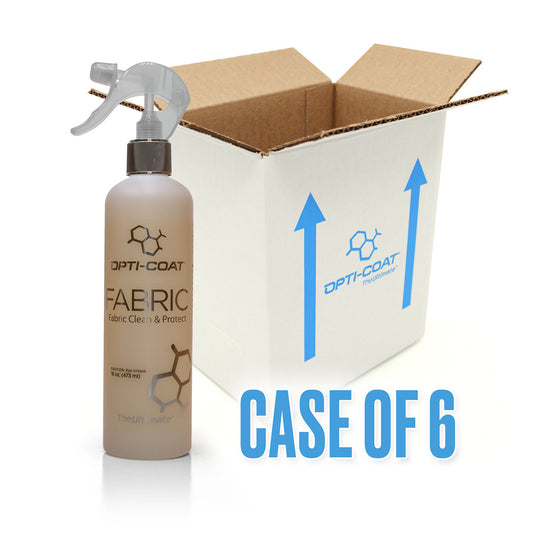 A clear plastic Opti-Coat Fabric Clean & Protect spray bottle with beige liquid stands beside an open white cardboard shipping box featuring blue Opti-Coat branding and arrows, with large blue text "CASE OF 6" overlaid