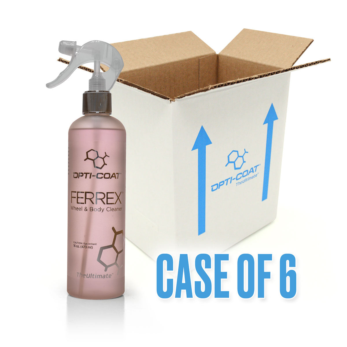 Opti-Coat Ferrex Wheel and Body Cleaner 16 oz spray bottle with pink liquid beside an open brown cardboard shipping box featuring blue Opti-Coat logo arrows and large "CASE OF 6" text