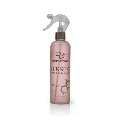 Opti-Coat Ferrex Wheel and Body Cleaner in a light pink bottle with a clear trigger sprayer, featuring dark honeycomb graphics and "The Ultimate" branding against a white background