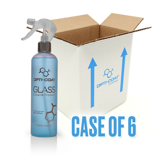 Opti-Coat Glass Clean & Protect 16 oz light blue spray bottle with chemical structure logo shown next to an open white shipping box featuring blue arrows and bold "CASE OF 6" text