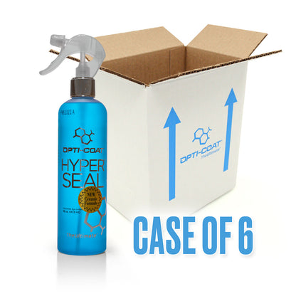 Blue Opti-Coat Hyper Seal spray bottle with a 'NEW Ceramic Formula' gold sticker next to an open white cardboard box displaying blue arrows and the Opti-Coat logo with large blue text 'CASE OF 6' below