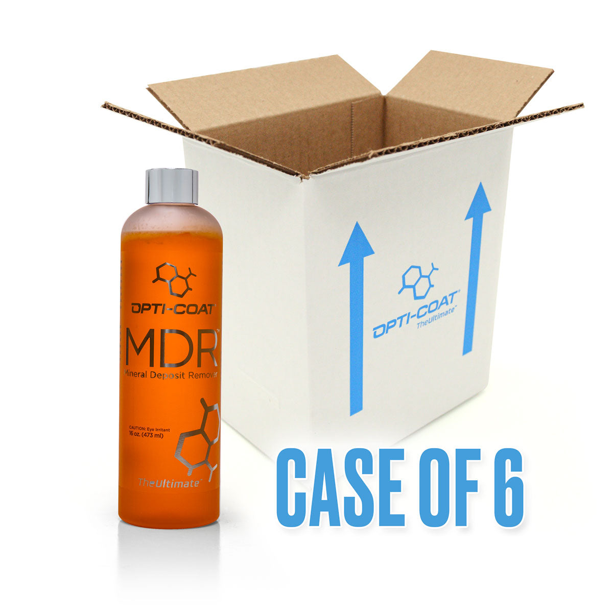 An orange Opti-Coat MDR Mineral Deposit Remover bottle with a silver cap stands next to an open white cardboard shipping box displaying blue Opti-Coat branding and upward arrows, with the bold blue text CASE OF 6 overlaid