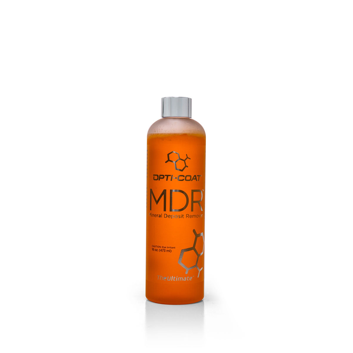 Opti-Coat MDR Mineral Deposit Remover in a vibrant orange 16 oz 473 ml product bottle featuring a silver cap white branding and a hexagonal chemical structure graphic