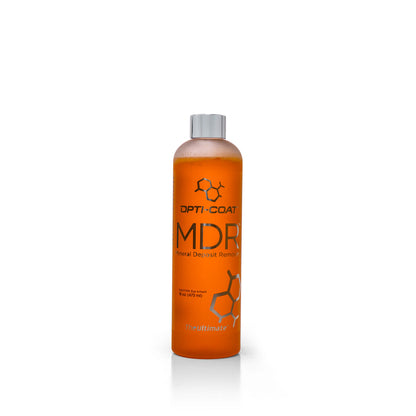 Opti-Coat MDR Mineral Deposit Remover in a vibrant orange 16 oz 473 ml product bottle featuring a silver cap white branding and a hexagonal chemical structure graphic