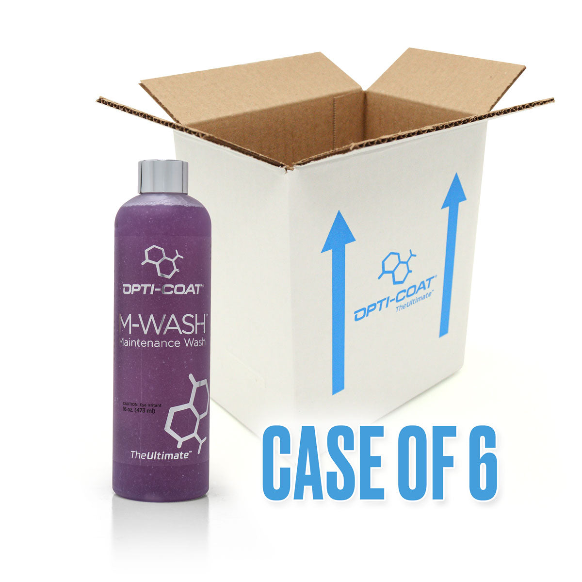 A purple 16 oz bottle of Opti-Coat M-Wash Maintenance Wash stands beside an open white cardboard shipping box with blue Opti-Coat branding and upward arrows, featuring prominent blue text "CASE OF 6" on a white background