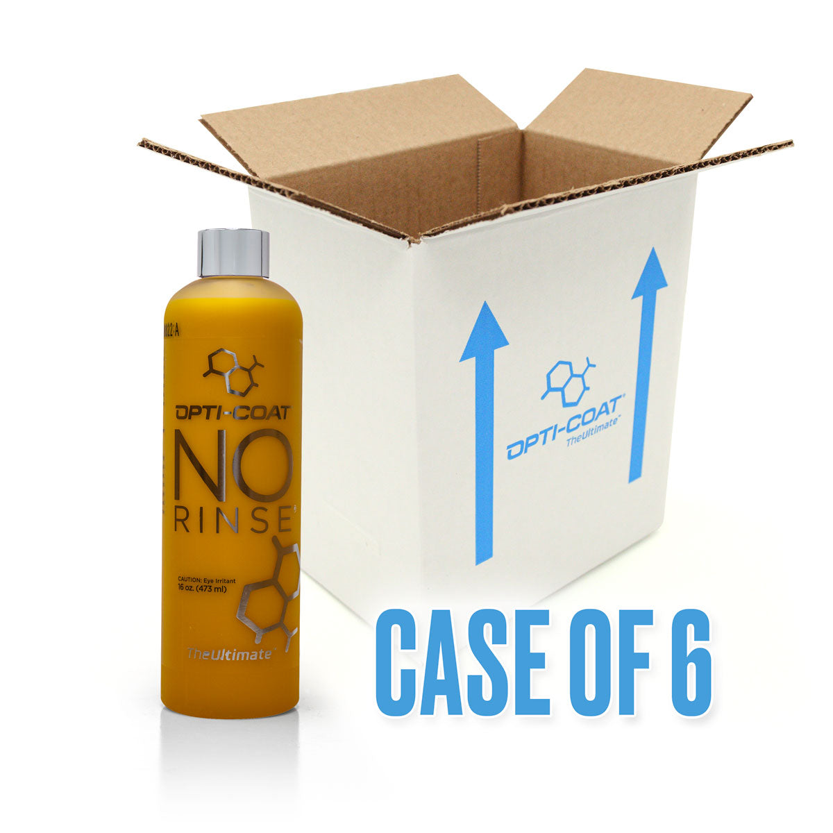 Product photograph featuring a bright yellow Opti-Coat No Rinse bottle with a silver cap positioned next to an open white shipping box with blue Opti-Coat logo and upward arrows, prominently displaying "CASE OF 6" text on a clean white studio background