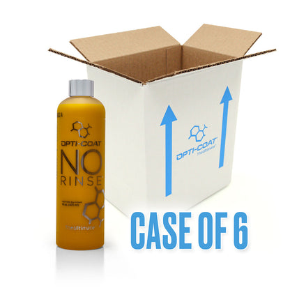 Product photograph featuring a bright yellow Opti-Coat No Rinse bottle with a silver cap positioned next to an open white shipping box with blue Opti-Coat logo and upward arrows, prominently displaying "CASE OF 6" text on a clean white studio background